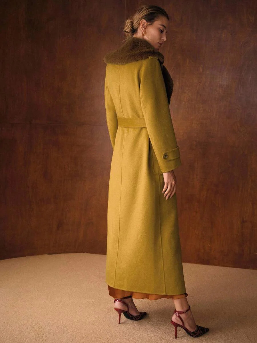 PREMIUM CONTRAST FUZZY LAPEL COLLAR PATCH POCKET BUCKLE BELTED OVERCOAT