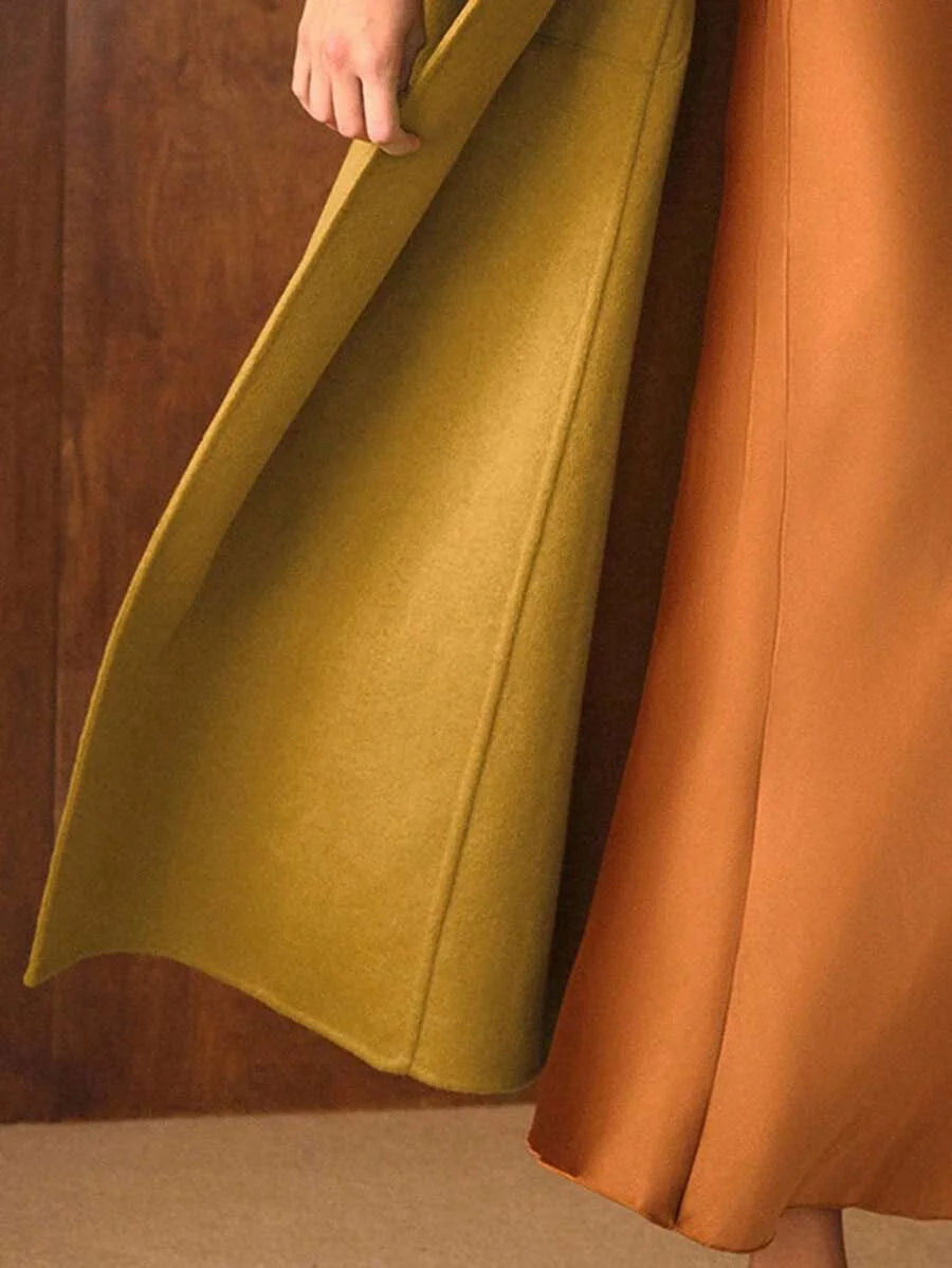 PREMIUM CONTRAST FUZZY LAPEL COLLAR PATCH POCKET BUCKLE BELTED OVERCOAT