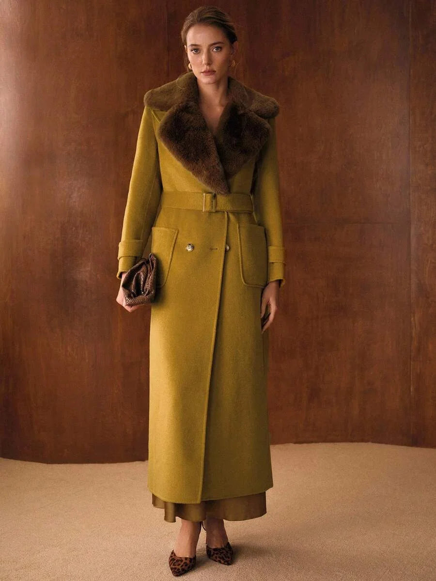 PREMIUM CONTRAST FUZZY LAPEL COLLAR PATCH POCKET BUCKLE BELTED OVERCOAT