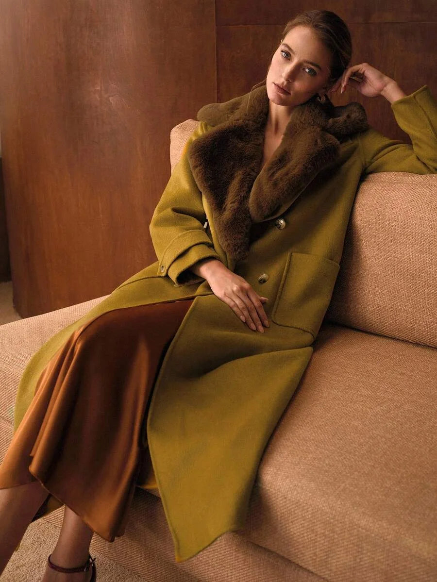 PREMIUM CONTRAST FUZZY LAPEL COLLAR PATCH POCKET BUCKLE BELTED OVERCOAT