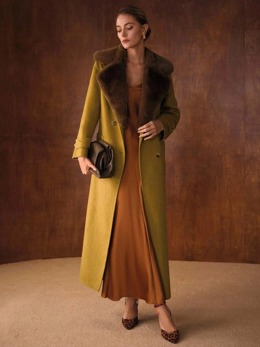 PREMIUM CONTRAST FUZZY LAPEL COLLAR PATCH POCKET BUCKLE BELTED OVERCOAT