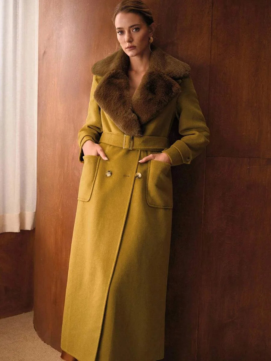 PREMIUM CONTRAST FUZZY LAPEL COLLAR PATCH POCKET BUCKLE BELTED OVERCOAT