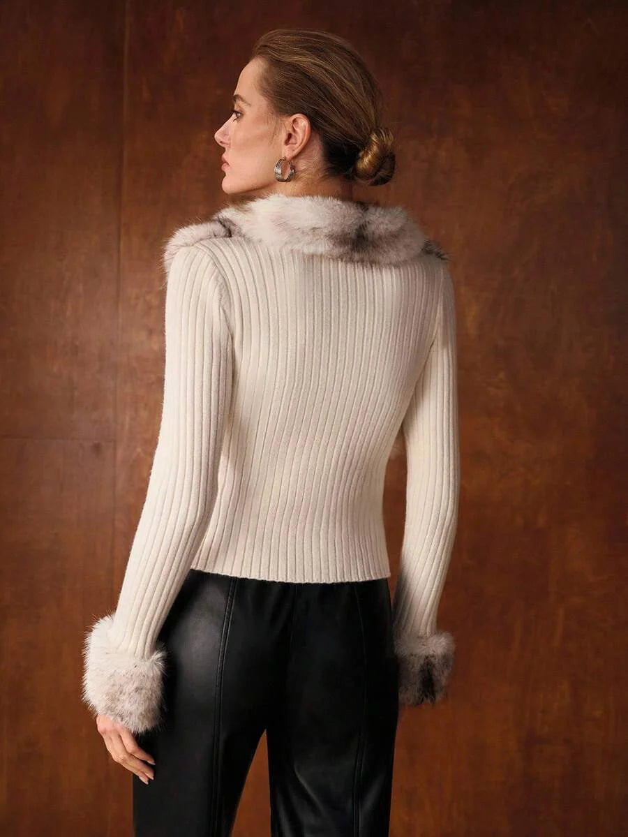 PREMIUM CONTRAST FUZZY PANEL ZIP PLACKET CARDIGAN