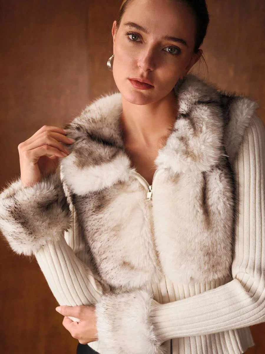 PREMIUM CONTRAST FUZZY PANEL ZIP PLACKET CARDIGAN