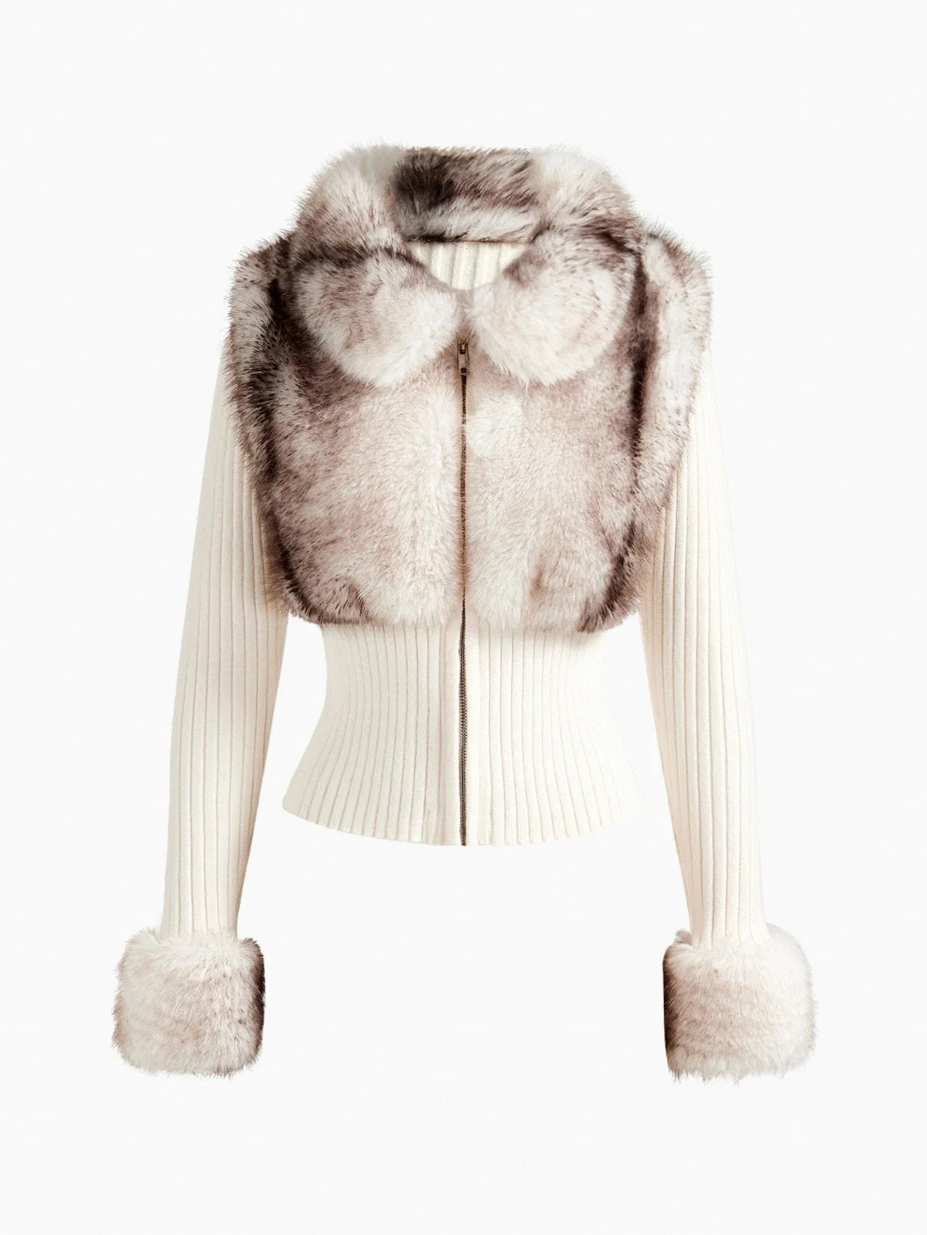 PREMIUM CONTRAST FUZZY PANEL ZIP PLACKET CARDIGAN