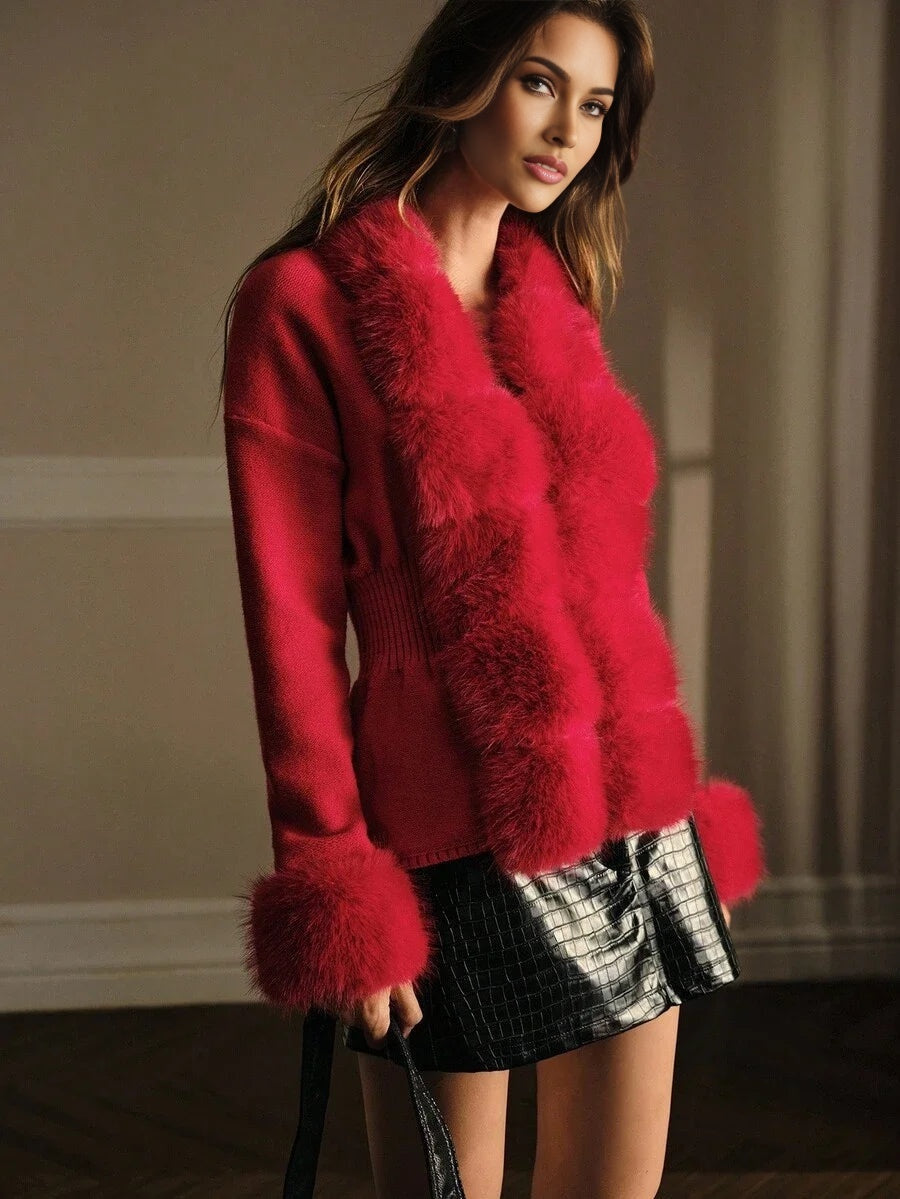 PREMIUM CONTRAST FUZZY TRIM CARDIGAN