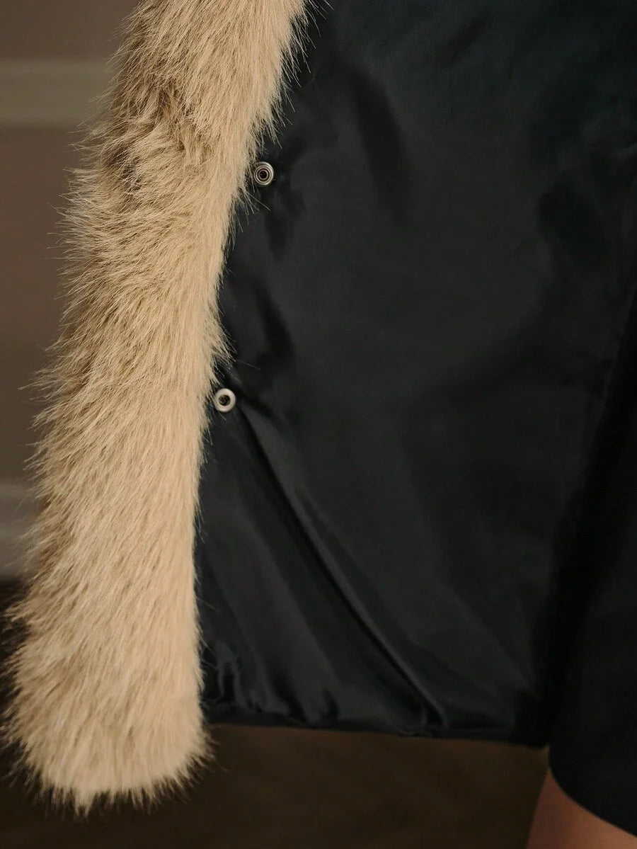 PREMIUM CONTRAST FUZZY TRIM EMBROIDERY WINTER COAT