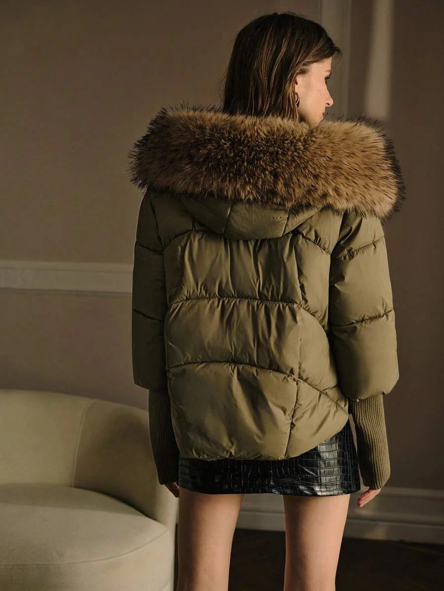 PREMIUM CONTRAST FUZZY TRIM WINTER COAT FALL