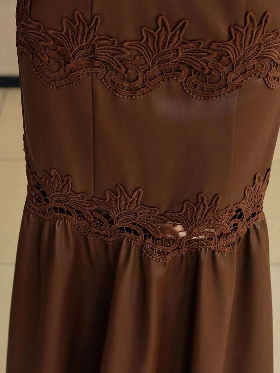 PREMIUM CONTRAST GUIPURE LACE PU LEATHER DRESS