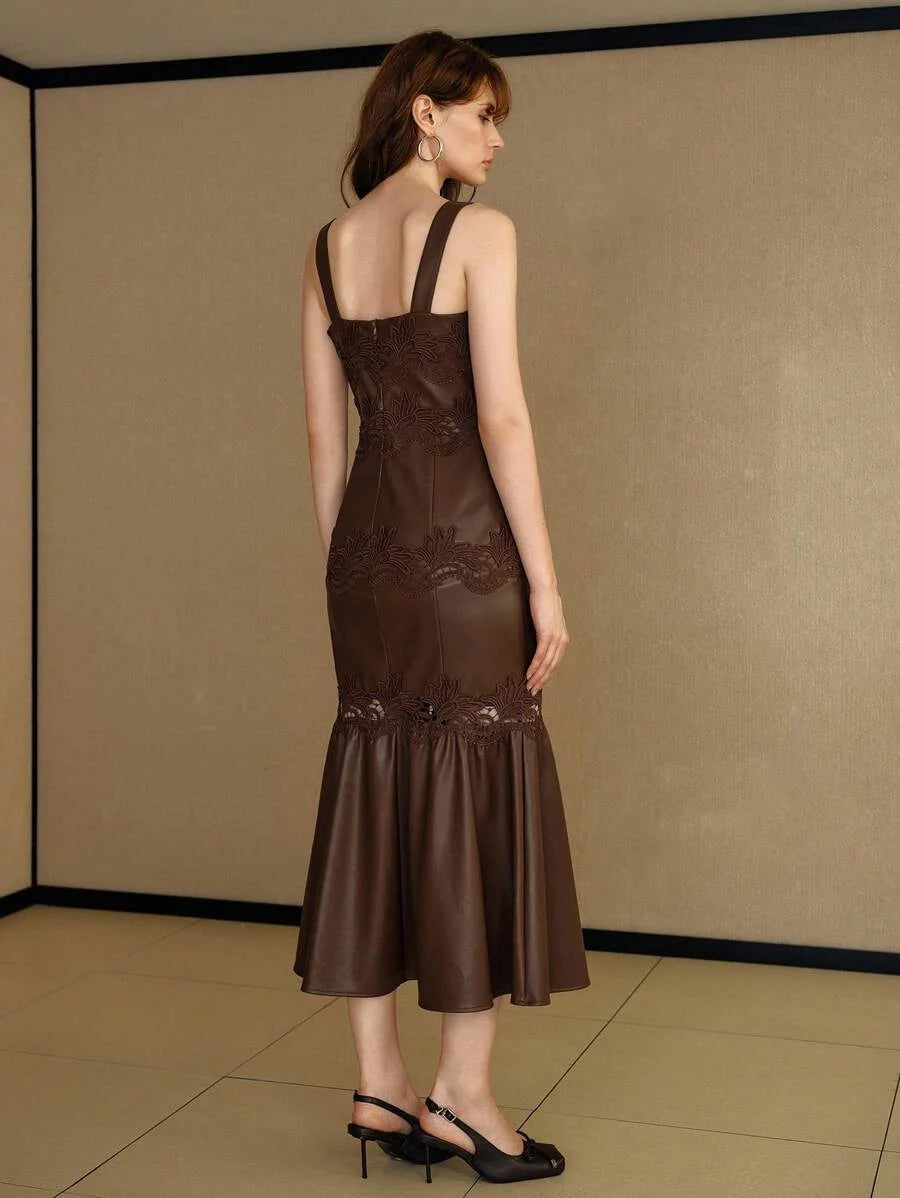 PREMIUM CONTRAST GUIPURE LACE PU LEATHER DRESS