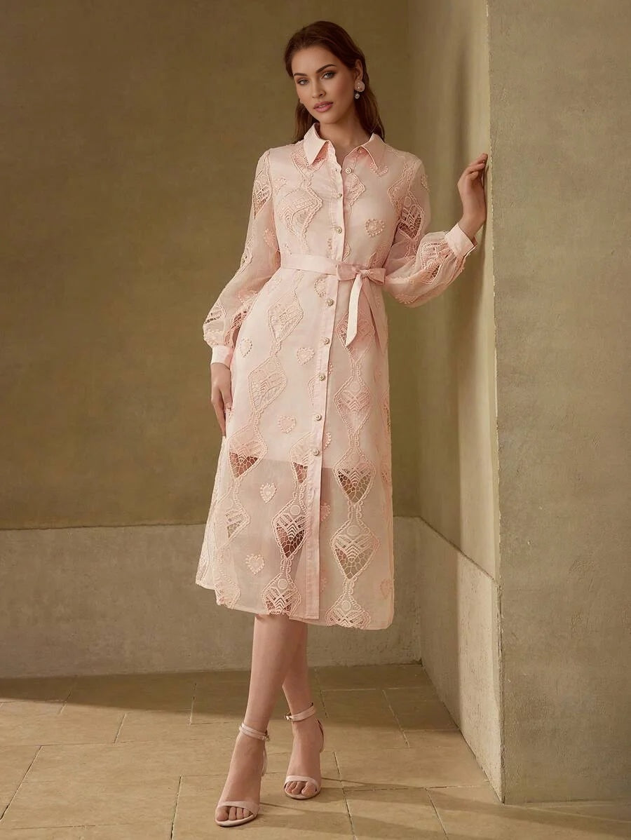 PREMIUM CONTRAST LACE BELTED DRESS