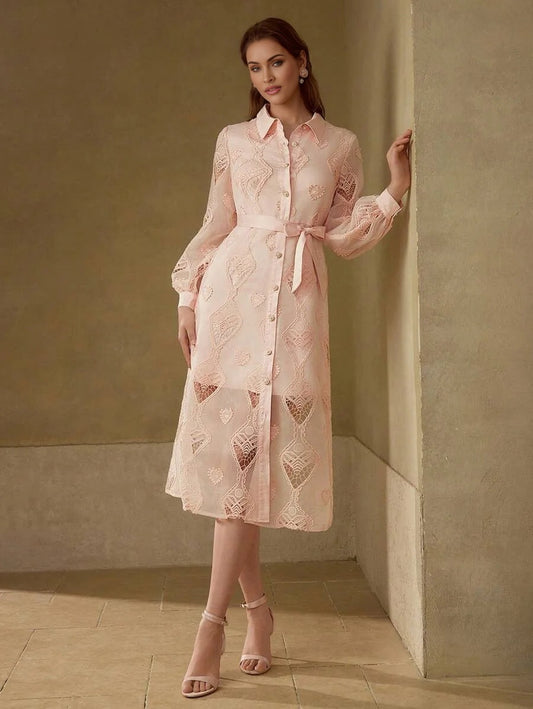 PREMIUM CONTRAST LACE BELTED DRESS