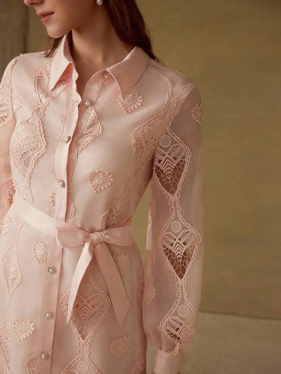 PREMIUM CONTRAST LACE BELTED DRESS