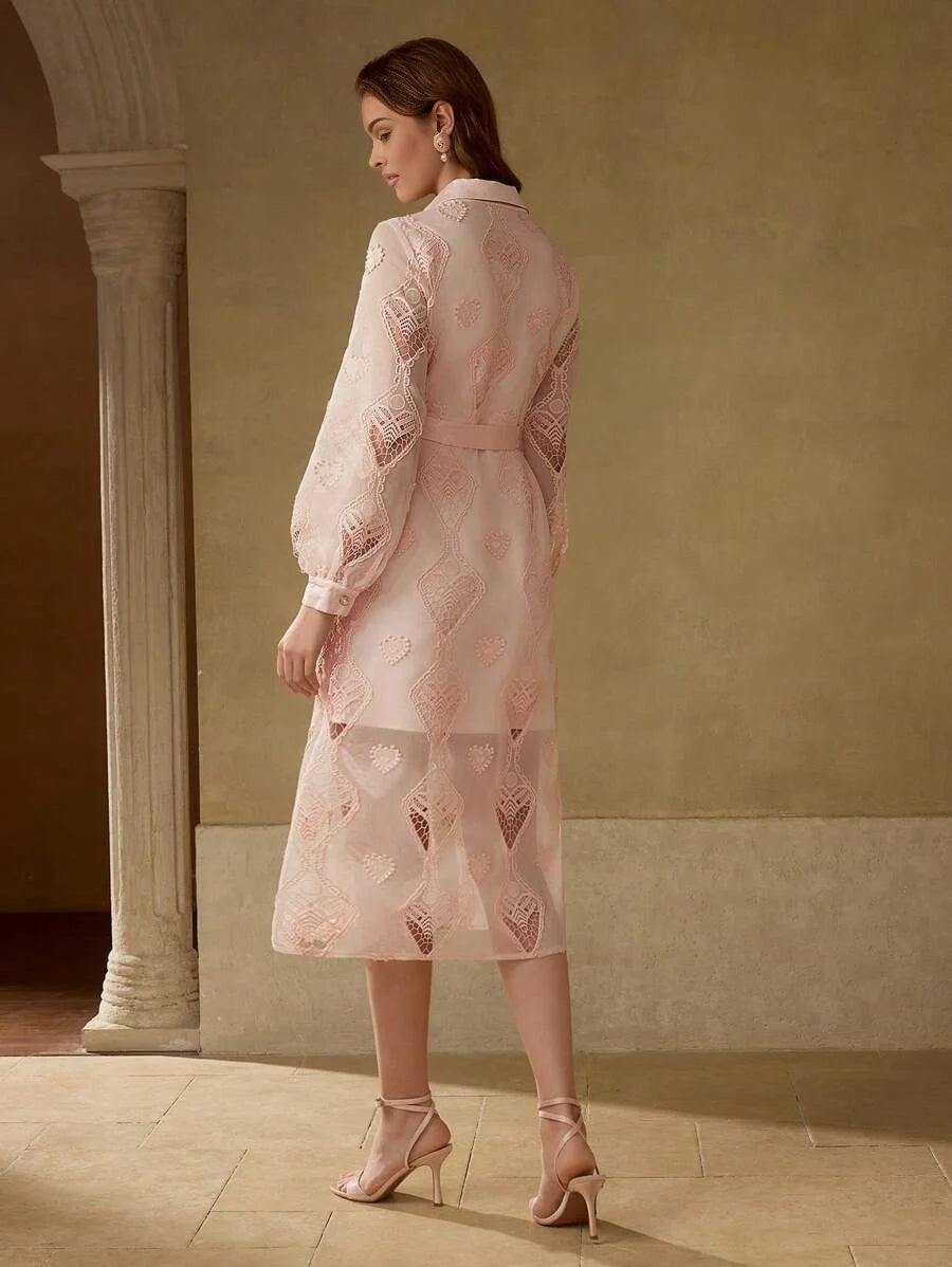 PREMIUM CONTRAST LACE BELTED DRESS