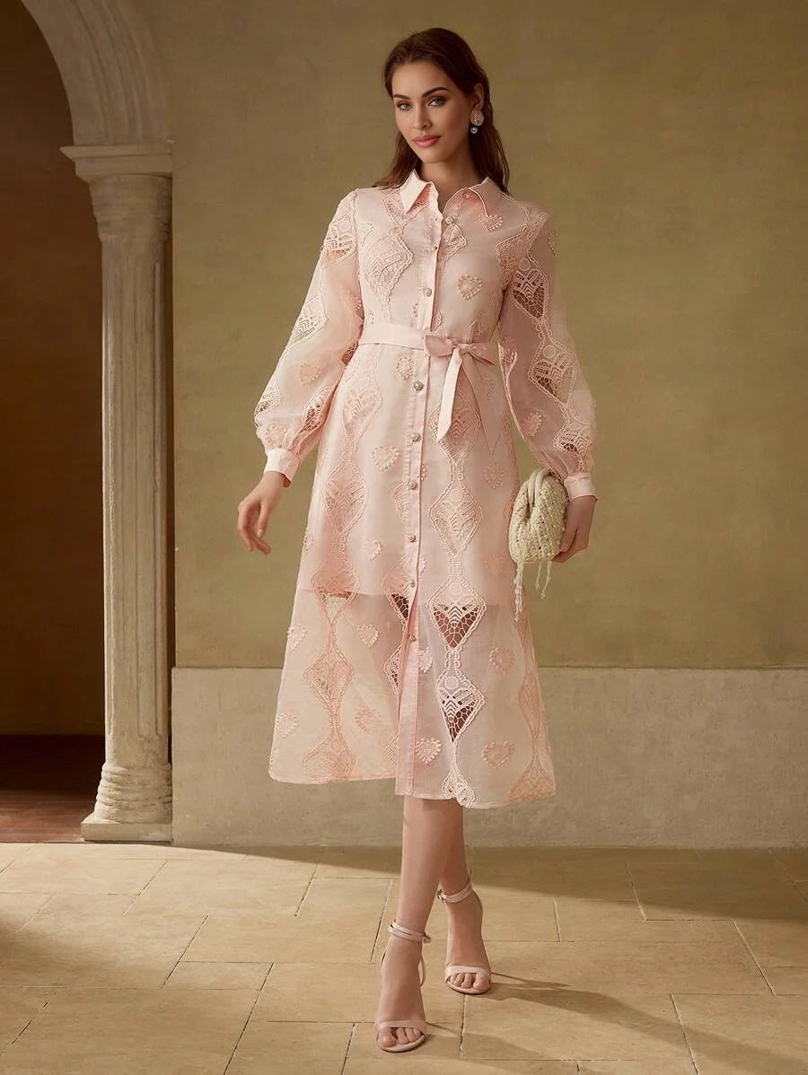 PREMIUM CONTRAST LACE BELTED DRESS