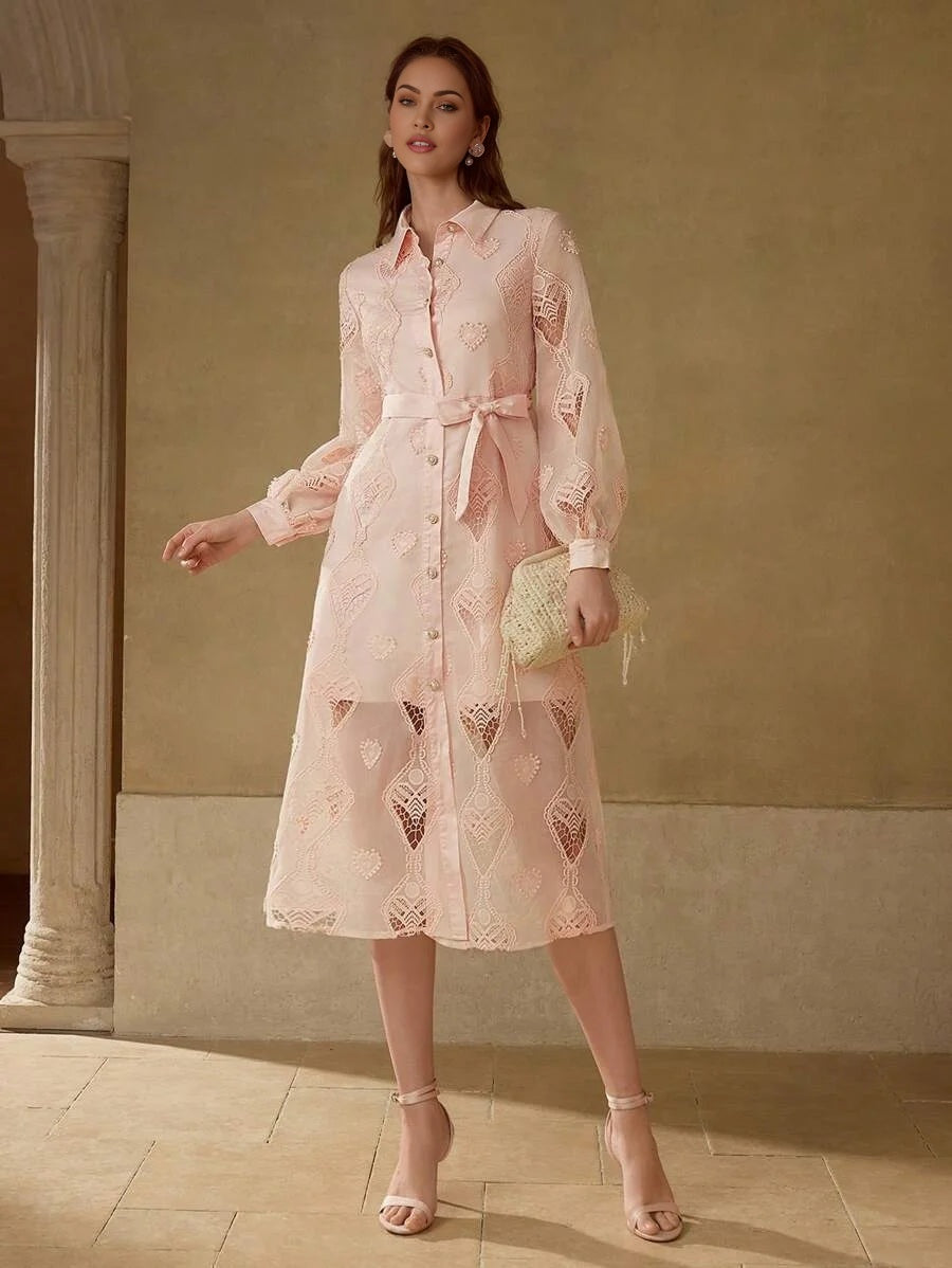 PREMIUM CONTRAST LACE BELTED DRESS