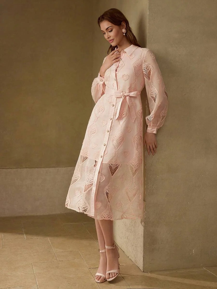 PREMIUM CONTRAST LACE BELTED DRESS