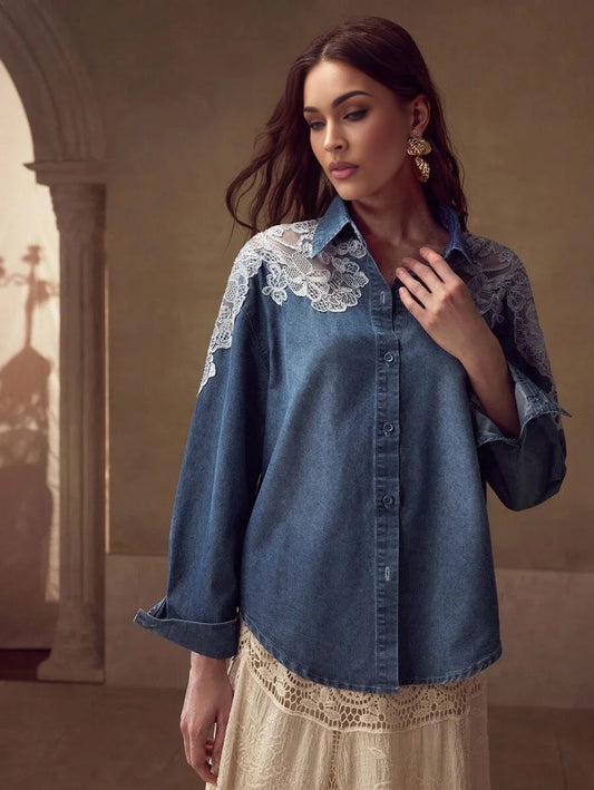 PREMIUM CONTRAST LACE BUTTON UP DENIM SHIRT