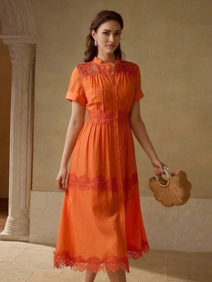 PREMIUM CONTRAST LACE BUTTON UP DRESS