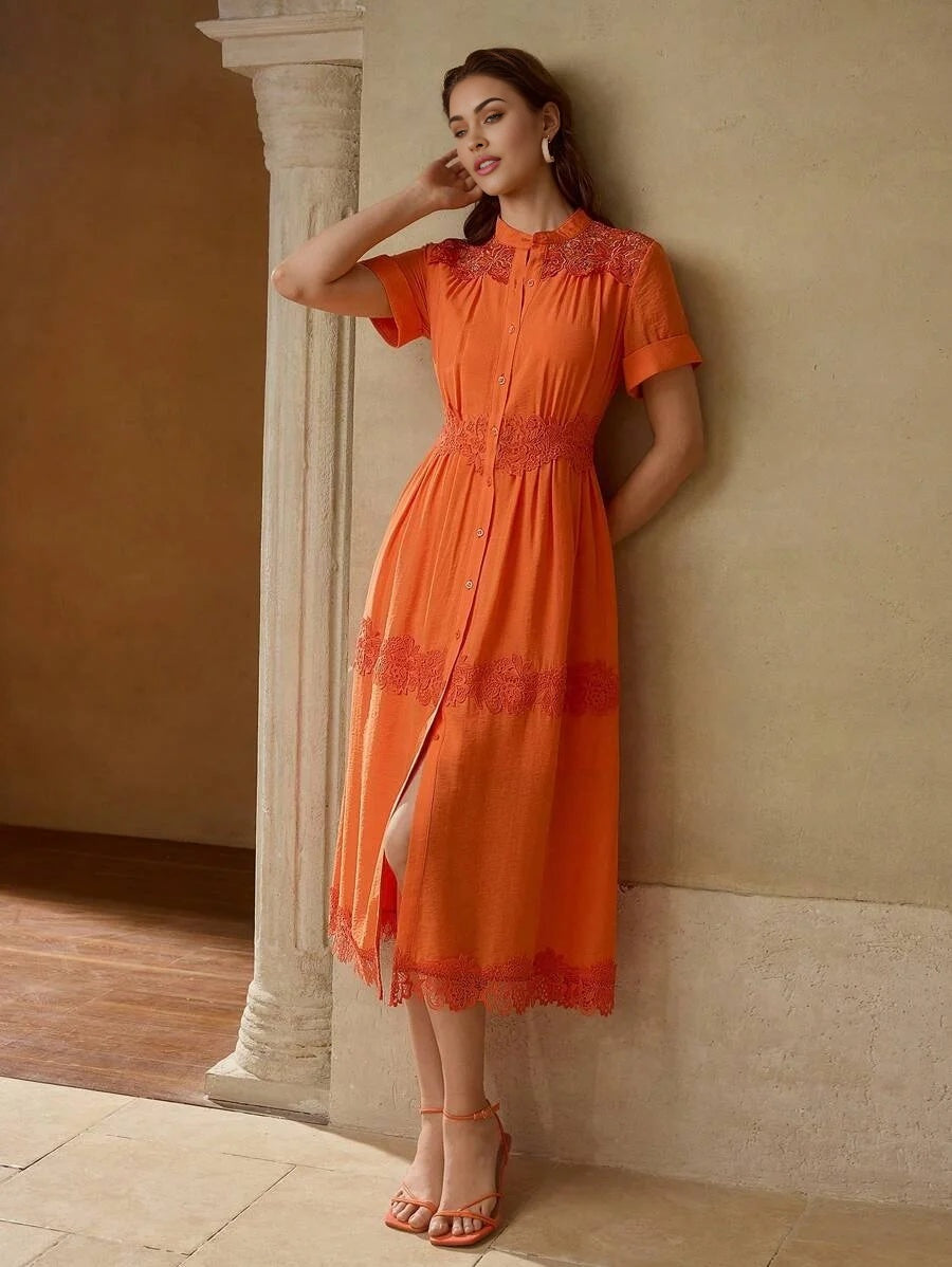 PREMIUM CONTRAST LACE BUTTON UP DRESS
