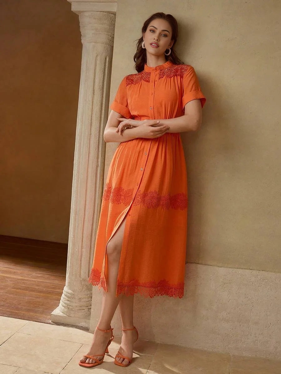 PREMIUM CONTRAST LACE BUTTON UP DRESS