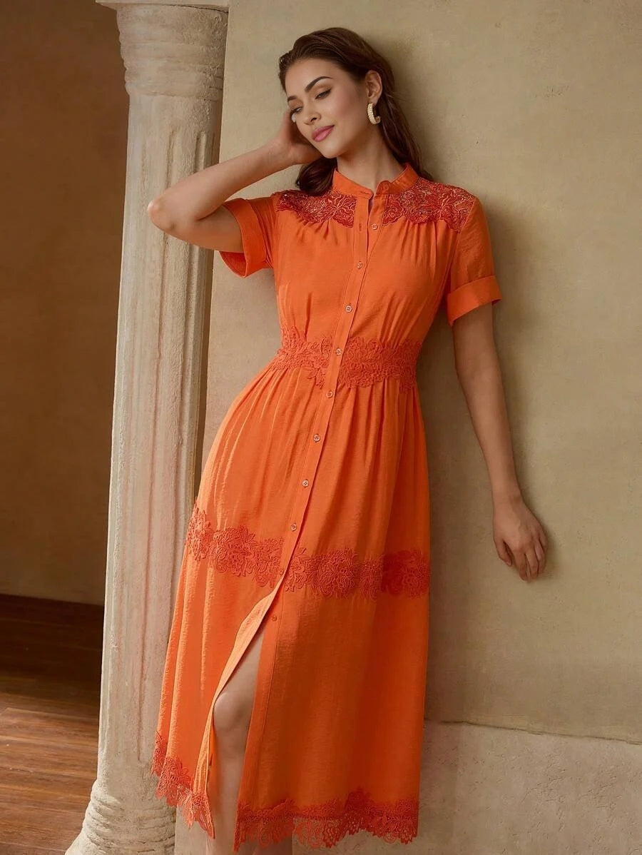 PREMIUM CONTRAST LACE BUTTON UP DRESS