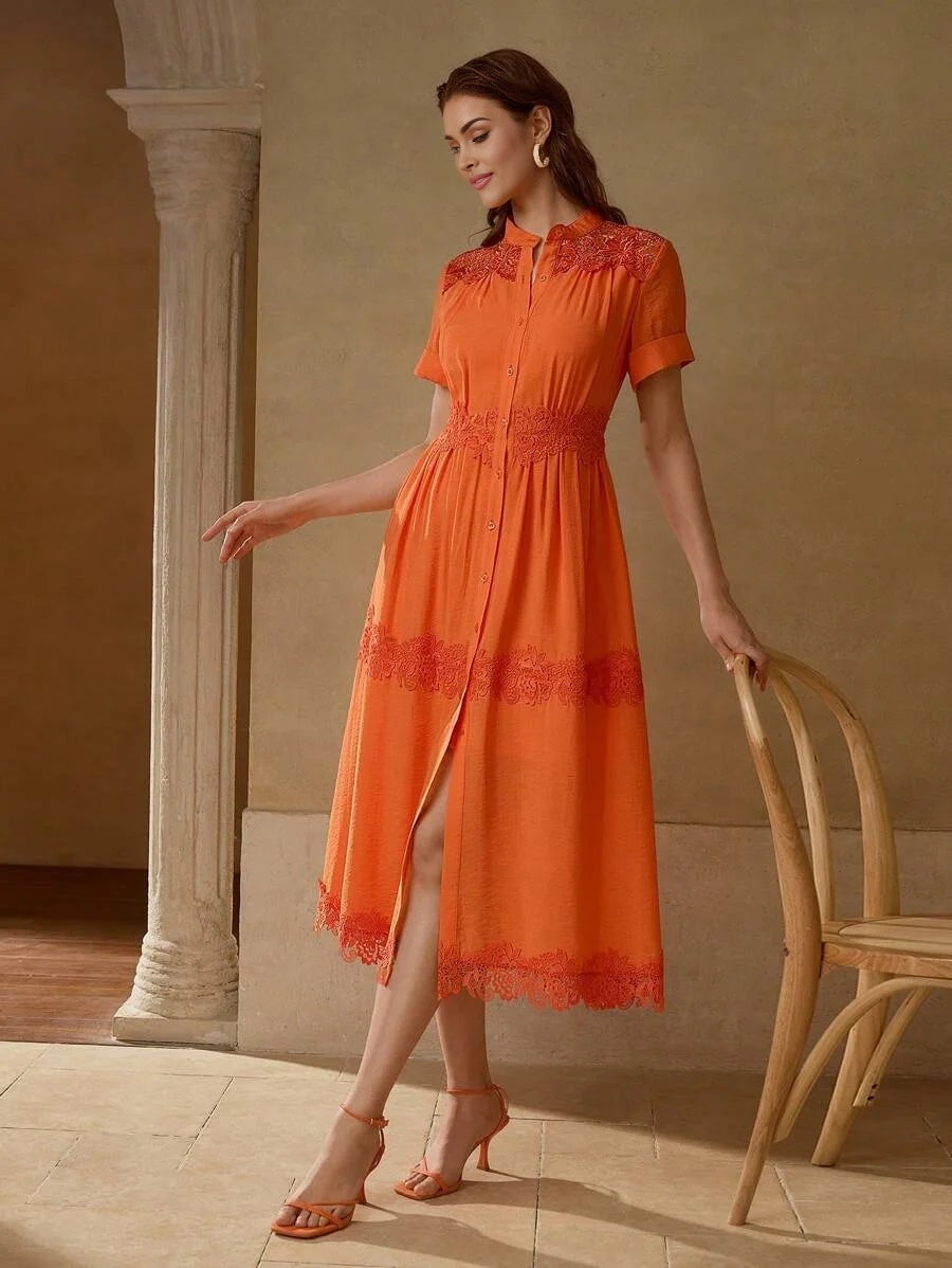 PREMIUM CONTRAST LACE BUTTON UP DRESS