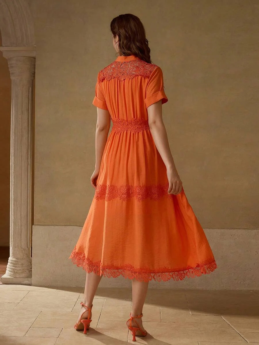 PREMIUM CONTRAST LACE BUTTON UP DRESS