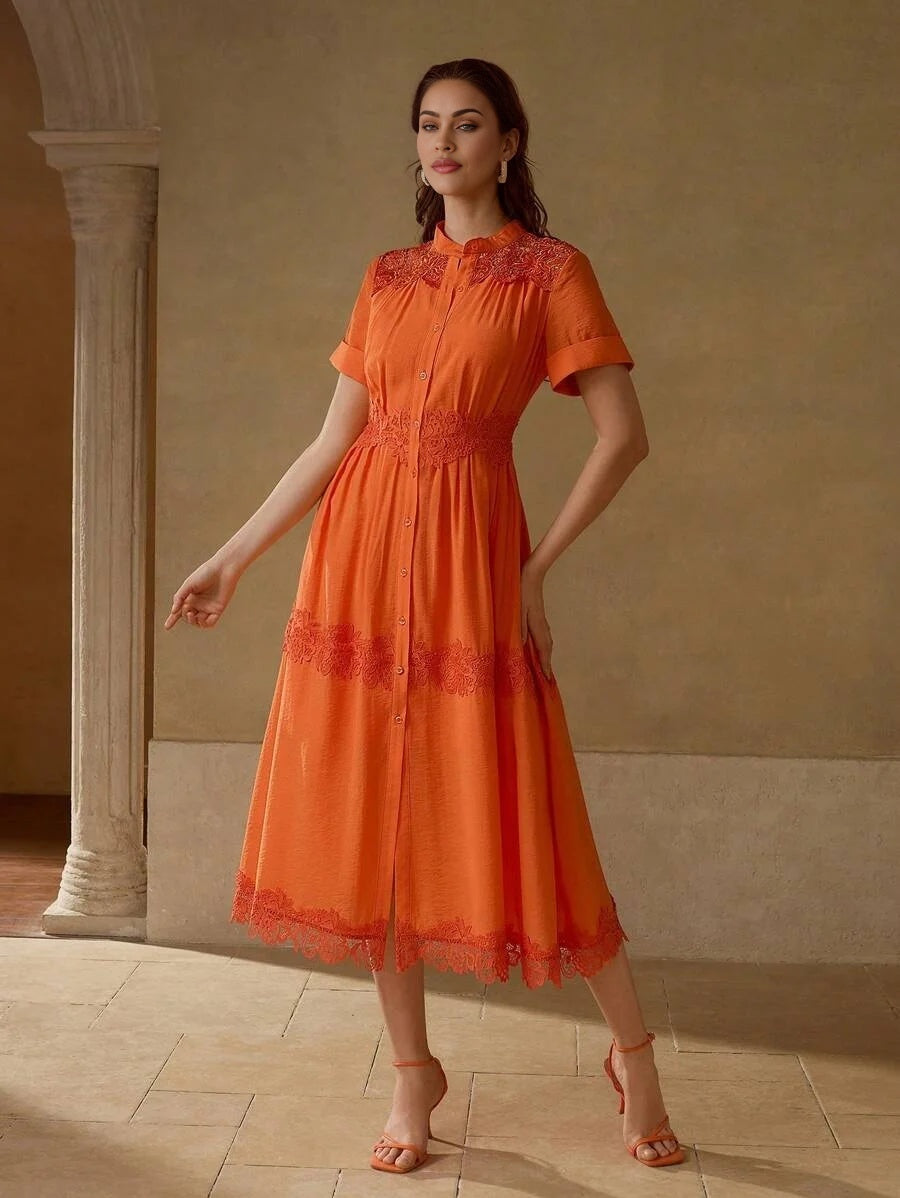 PREMIUM CONTRAST LACE BUTTON UP DRESS