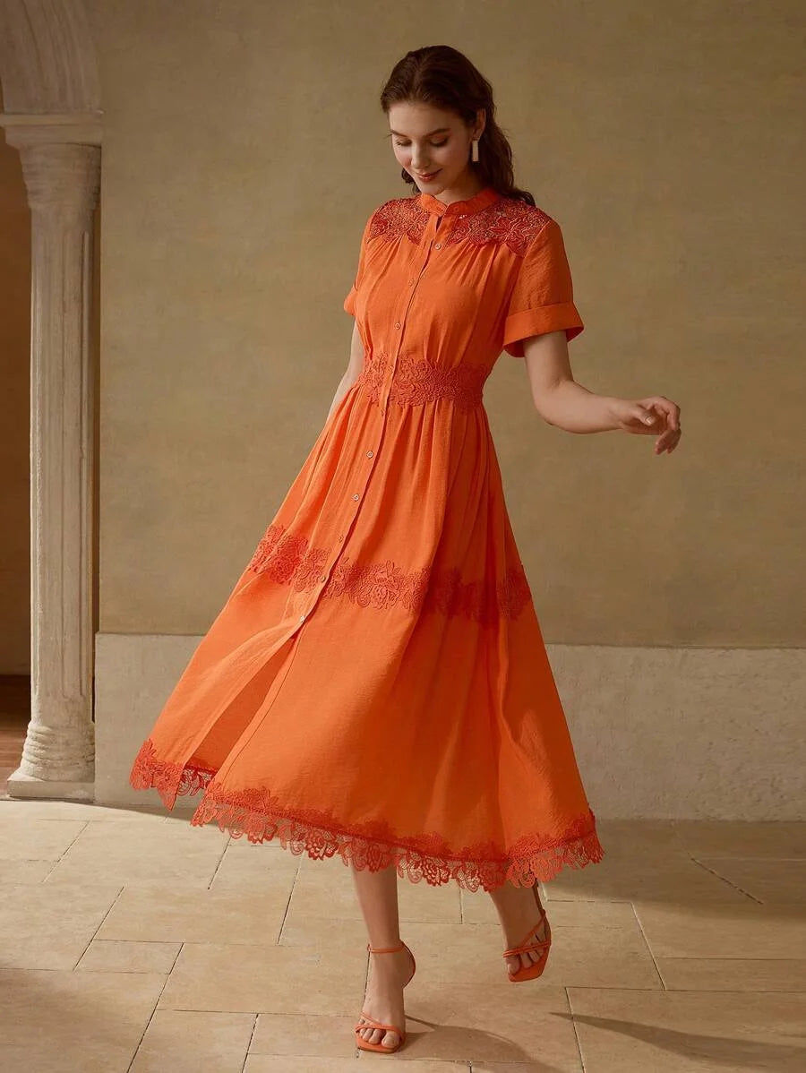 PREMIUM CONTRAST LACE BUTTON UP DRESS