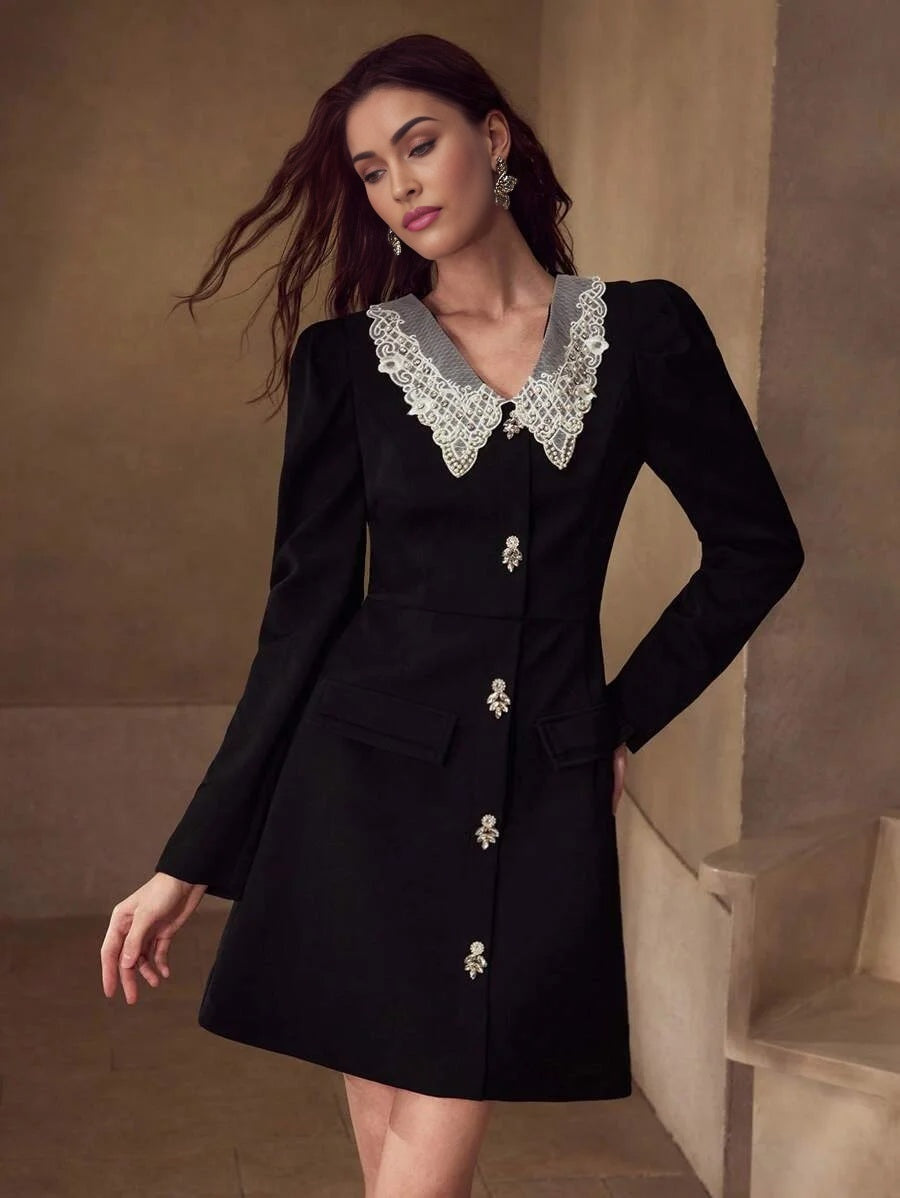 PREMIUM CONTRAST LACE BUTTON UP DRESS