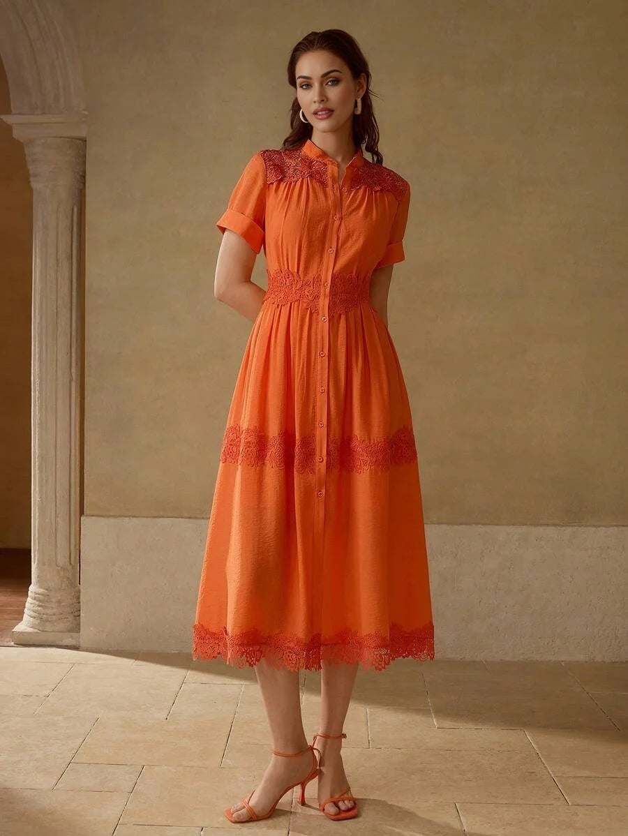PREMIUM CONTRAST LACE BUTTON UP DRESS