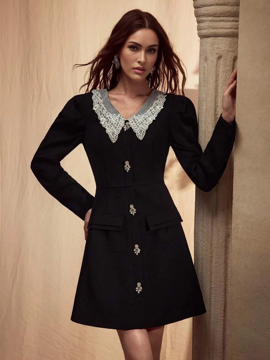 PREMIUM CONTRAST LACE BUTTON UP DRESS