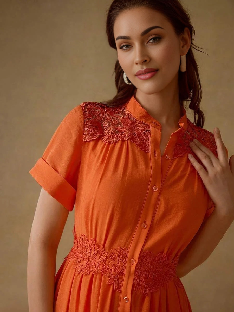 PREMIUM CONTRAST LACE BUTTON UP DRESS