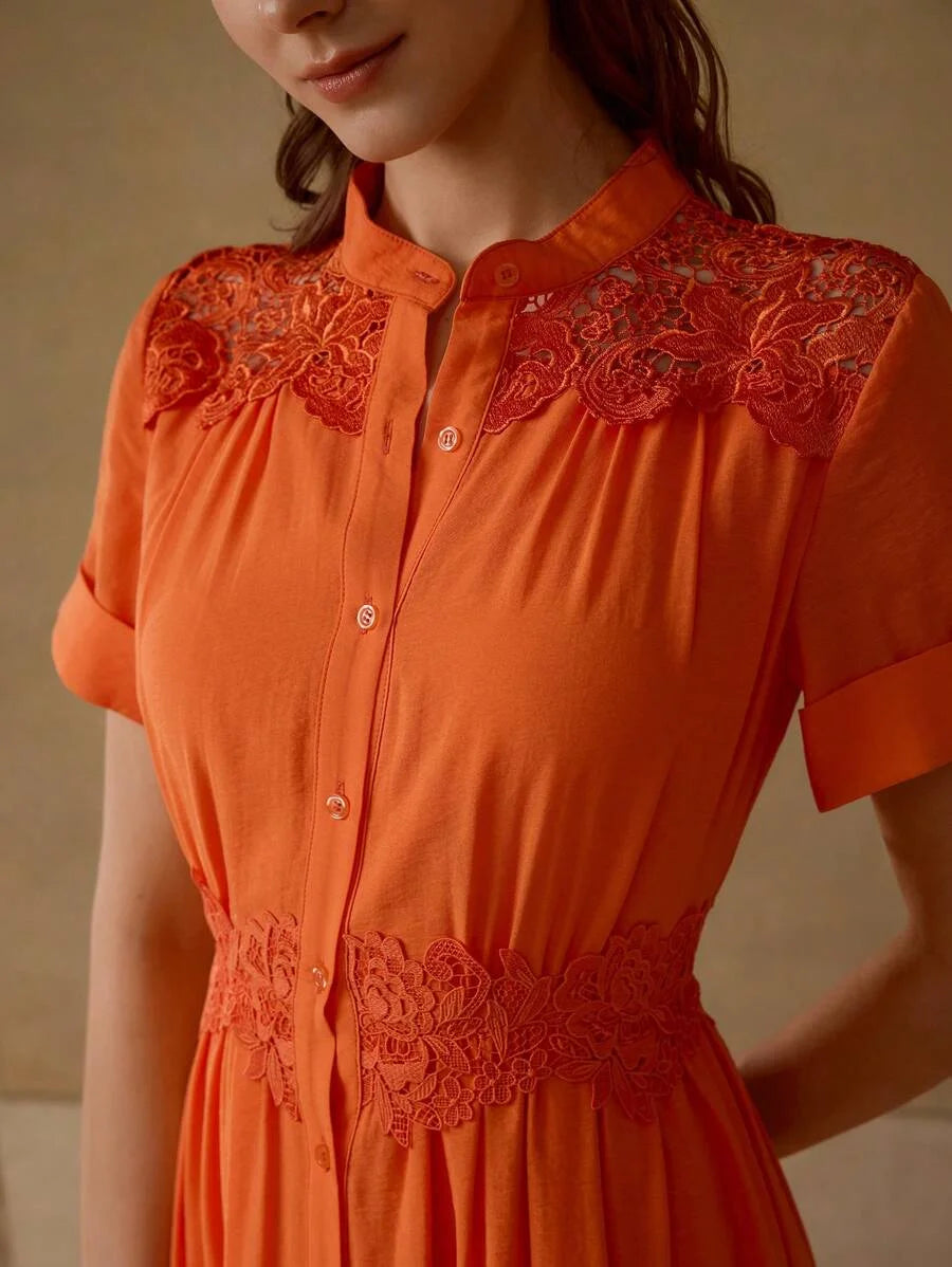 PREMIUM CONTRAST LACE BUTTON UP DRESS