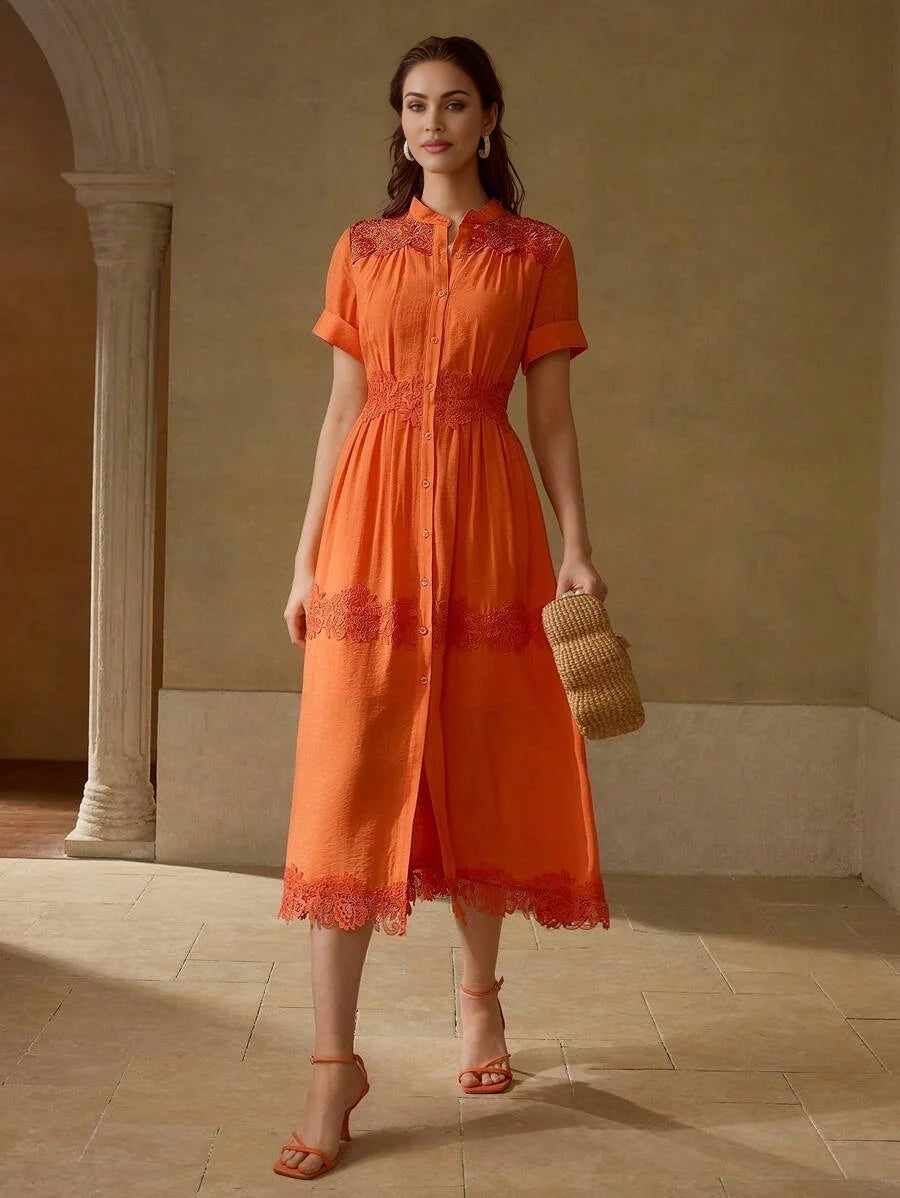 PREMIUM CONTRAST LACE BUTTON UP DRESS