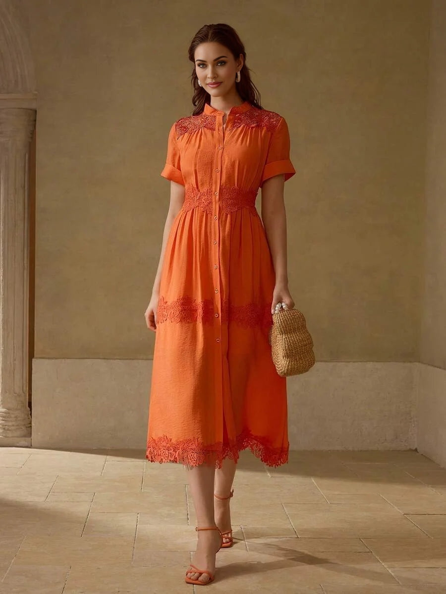 PREMIUM CONTRAST LACE BUTTON UP DRESS