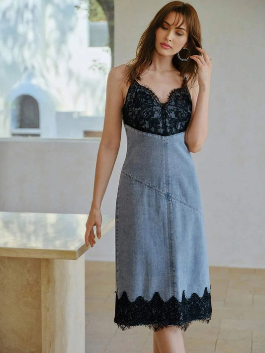 PREMIUM CONTRAST LACE COLORBLOCK CAMI DENIM DRESS