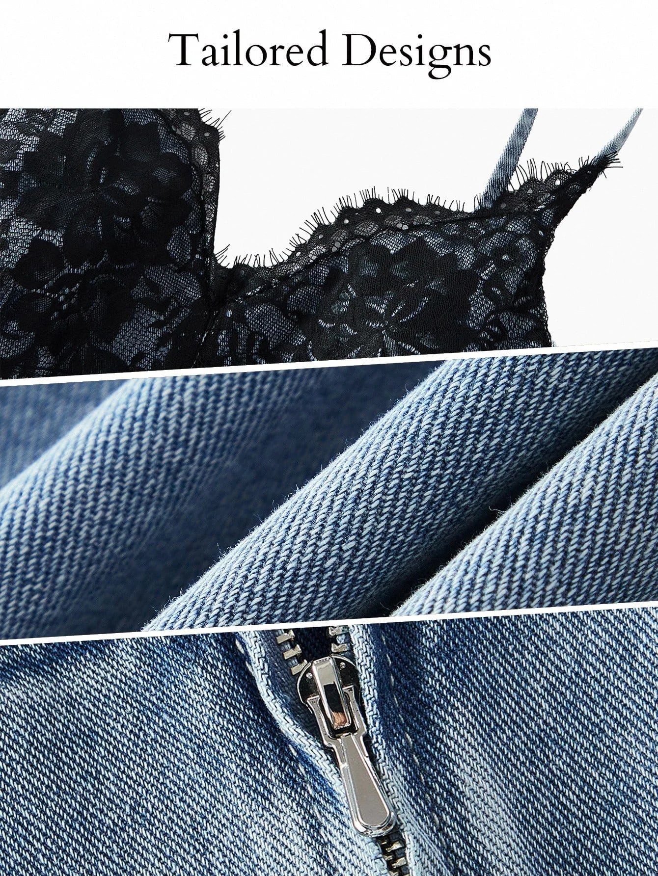 PREMIUM CONTRAST LACE COLORBLOCK CAMI DENIM DRESS