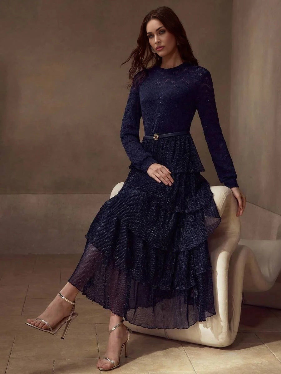 PREMIUM CONTRAST LACE ELEGANT FLOWY DRESS