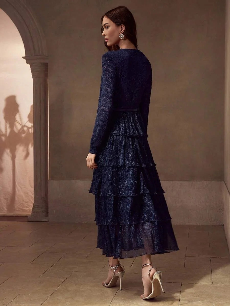 PREMIUM CONTRAST LACE ELEGANT FLOWY DRESS