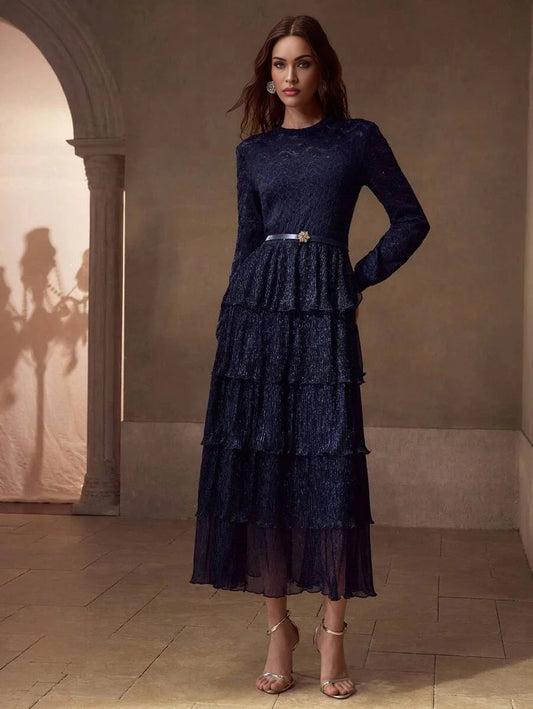 PREMIUM CONTRAST LACE ELEGANT FLOWY DRESS