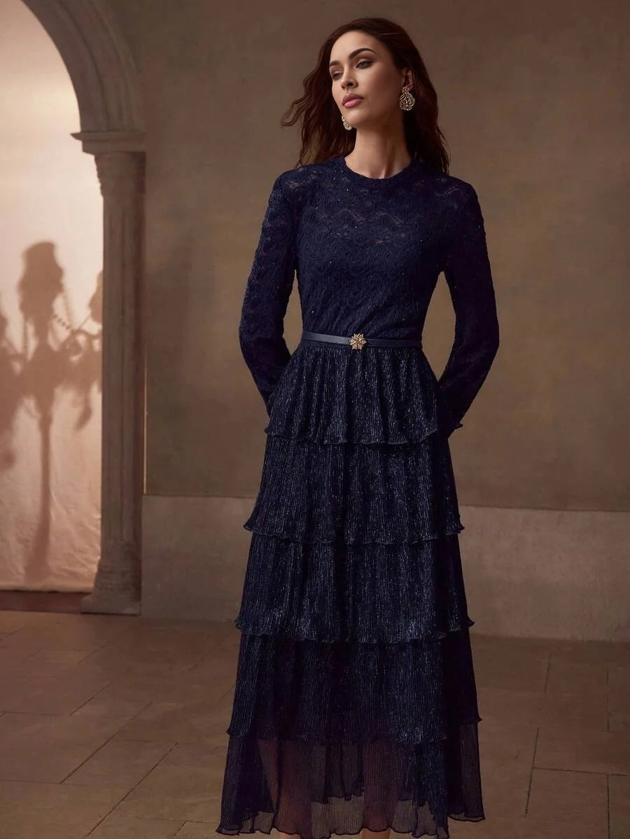 PREMIUM CONTRAST LACE ELEGANT FLOWY DRESS