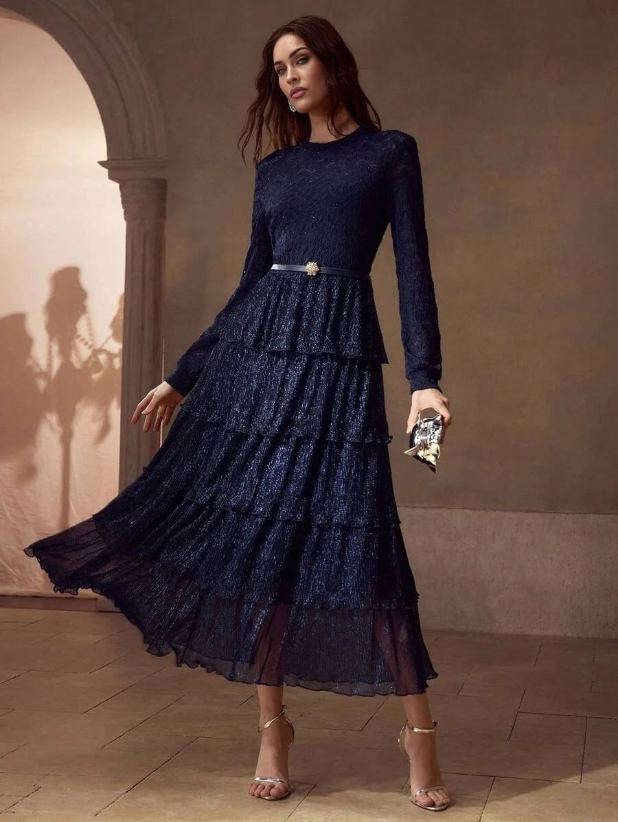 PREMIUM CONTRAST LACE ELEGANT FLOWY DRESS