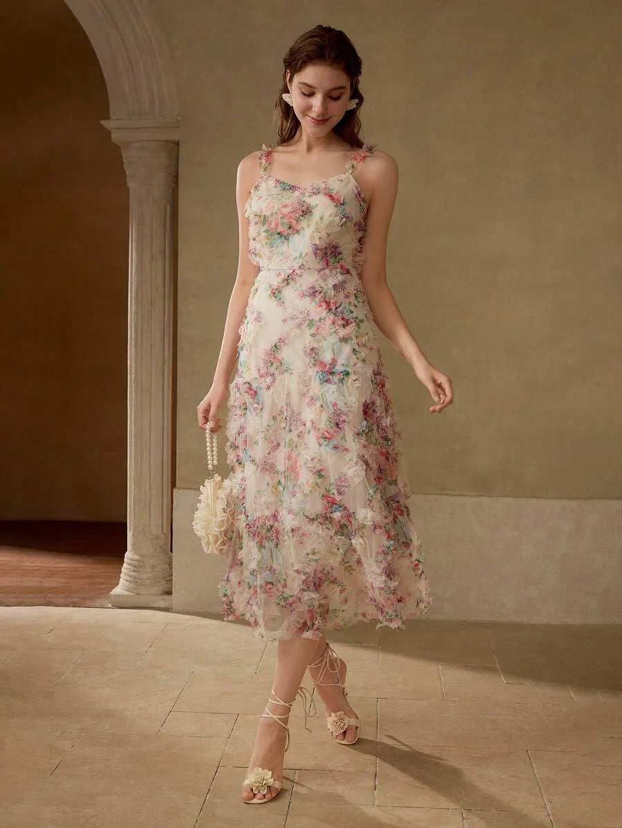 PREMIUM CONTRAST LACE FLORAL PRINT CAMI DRESS