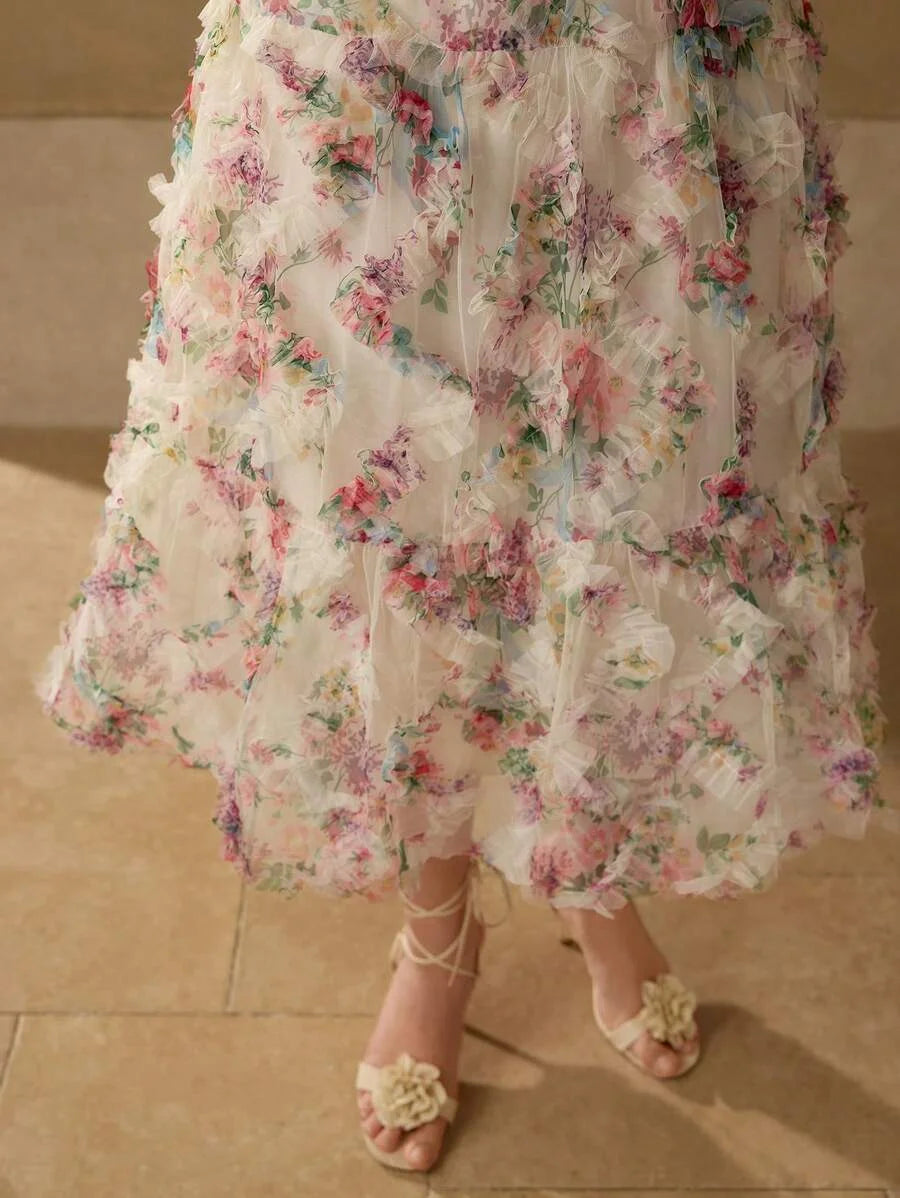 PREMIUM CONTRAST LACE FLORAL PRINT CAMI DRESS