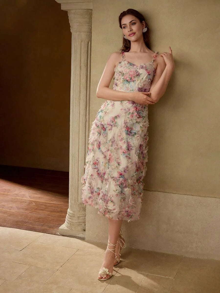 PREMIUM CONTRAST LACE FLORAL PRINT CAMI DRESS