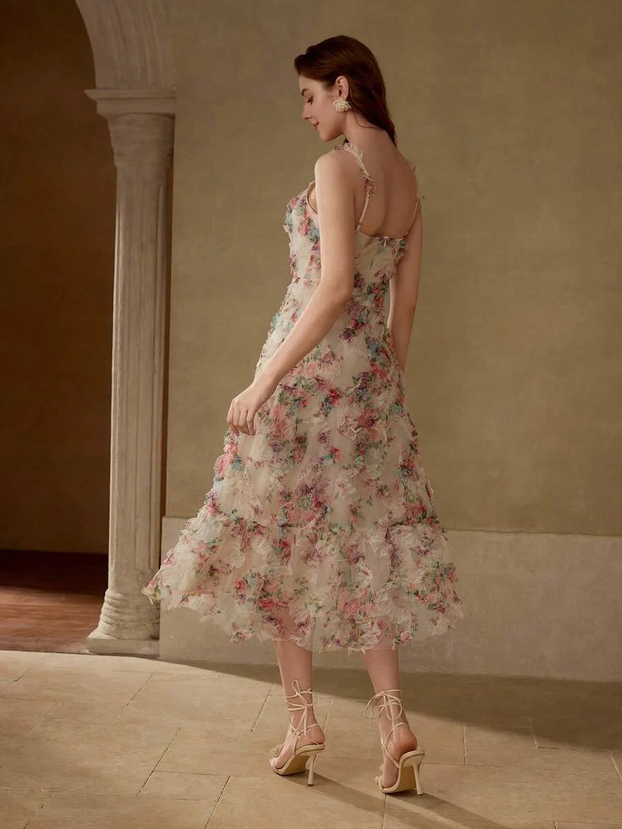 PREMIUM CONTRAST LACE FLORAL PRINT CAMI DRESS