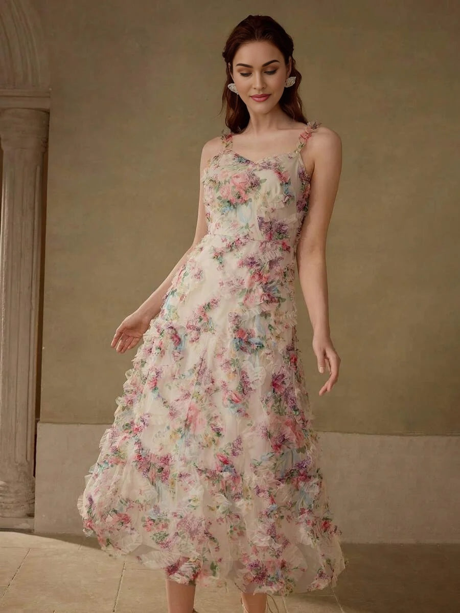 PREMIUM CONTRAST LACE FLORAL PRINT CAMI DRESS