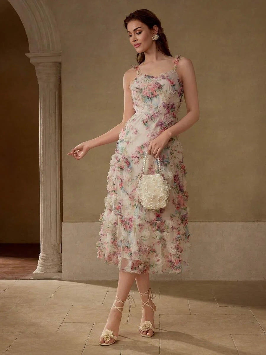 PREMIUM CONTRAST LACE FLORAL PRINT CAMI DRESS